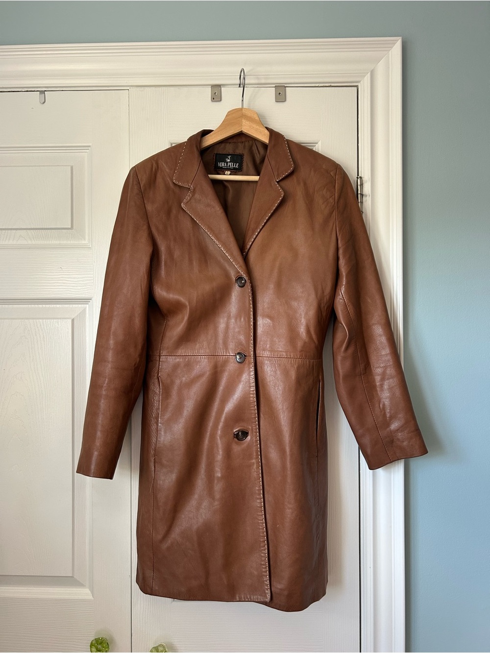 Vera Pelle Chestnut Brown Leather Long Blazer Coat